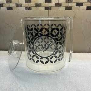 NWOT Ice bucket plastic clear tongs lid letter "J" black design 8 x 6